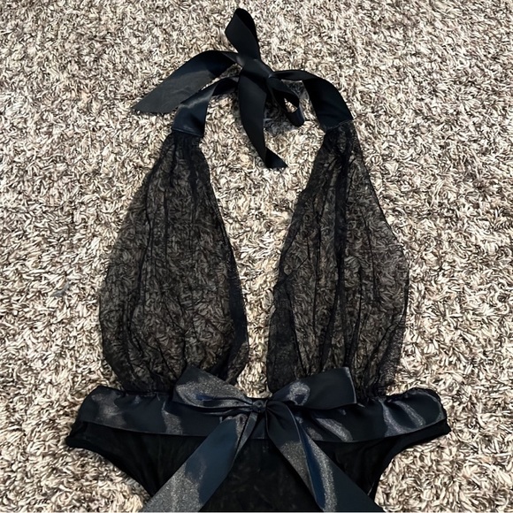 Black Mesh Satin Halter Tie Teddy - Picture 4 of 11